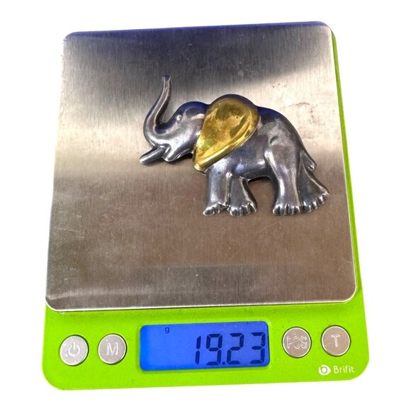 Vintage Laton Taxco Silver Gold Two Tone Elephant Brooch Pin Trunk Up pendant - Picture 6 of 6
